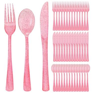 Imagem de Conjunto de talheres rosa com 300 peças de talheres de plástico rosa resistente – 100 garfos, 100 facas, 100 colheres para o dia da Grã-Bretanha, casamento, chá de bebê, chá de panela