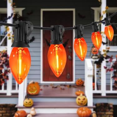 Imagem de CHYParty Luzes de Halloween laranja 3 m, cordão de luzes LED C7 para ambientes internos e externos com fio preto - para janela, porta, pátio, festa, decoração de varanda