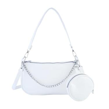 Imagem de Kehpish Bolsa tiracolo feminina de couro com alça de corrente de ombro lateral com bolsa de moedas, 3 alças de ombro removíveis, Branco, Casual