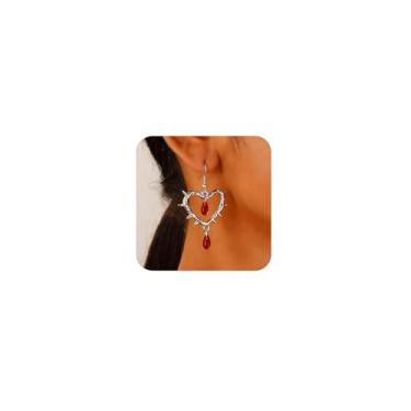 Imagem de Brincos de gota de arame farpado gótico, coração vermelho, joias góticas, presentes para mulheres, Medium, Metal, Sem pedra preciosa