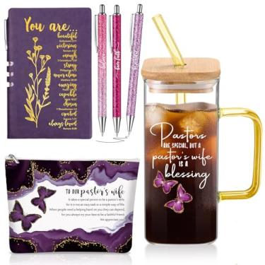 Imagem de Watersay 6 peças, presentes de agradecimento da esposa do pastor, copo de vidro de 382 g com alça, bolsa de maquiagem cristã, canetas esferográficas A6, presente de agradecimento religioso inspirador