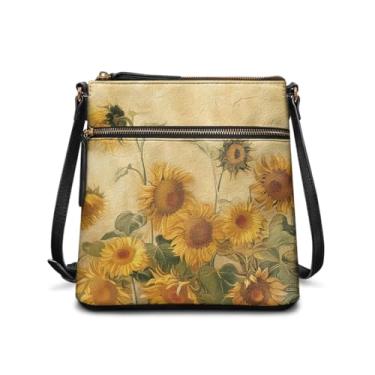 Imagem de AZULCUSTO Bolsas de couro para mulheres, bolsas Hobo de couro para mulheres, bolsa tiracolo vintage de viagem, bolsa de ombro com vários bolsos, Girassóis retrô