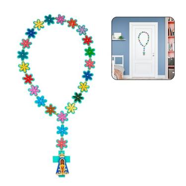 Imagem de Terço Infantil de Parede Nossa Senhora Aparecida Madeira Flores Coloridas Artesanal (Turquesa)