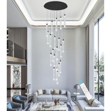 Imagem de Lustre LED regulável com 20 luzes, moderno, pendente de cristal embutido, para entrada e sala de estar, acabamento preto, ideal para tetos altos, design de iluminação elegante