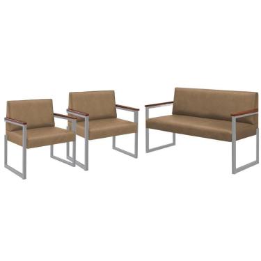 Imagem de Conjunto Sofá 2 Lugares E 2 Poltronas Niterói Couro Bege Em Metal Champanhe