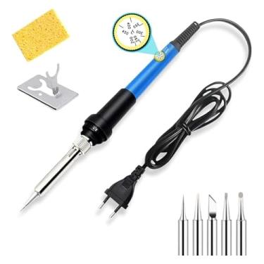 Imagem de Kit Ferro de Solda Profissional 60W 220V com Temperatura Ajustável + 6 Pontas, Suporte, Esponja, Estanho e Fluxo – Completo para Reparos Eletrônicos