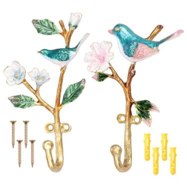 Imagem de HJJWNDDNG 2 peças de ganchos de parede decorativos para pássaros vintage em forma de pássaro flor montada em metal gancho para pendurar casacos, roupas, chaves, chapéus, toalhas