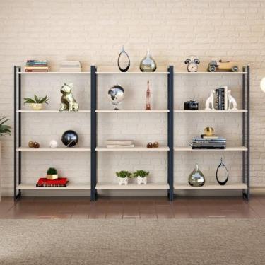 Imagem de Kit 3 Estantes para Livros Industrial Aço 4 Prateleiras 146cmx240cm Ac