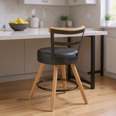 Imagem de Banqueta Baixa Cozinha 50cm Encosto Pé Madeira Kyara Pu Preto S02 - D'Rossi