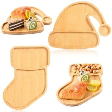 Imagem de AWIZOM 2 travessas de servir de Natal, meias de Natal e bandejas de madeira em forma de chapéu de Papai Noel, tabuleiros de charcutaria de bambu de inverno, pratos decorativos de lanche de madeira