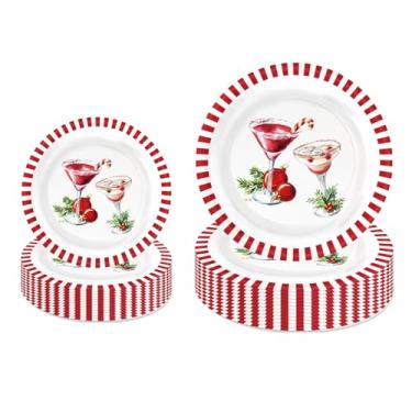 Imagem de LeZakaa Conjunto de pratos de papel martini de Natal, 50 peças, design de bebida de coquetel, Cheers to Christmas, pratos de festa descartáveis listrados vermelhos decorativos, suprimentos de mesa