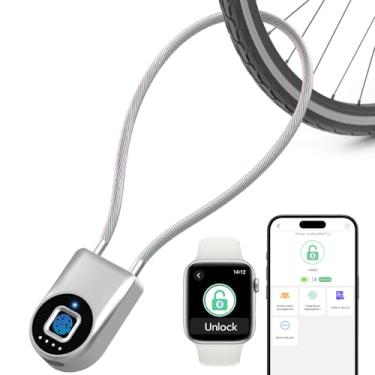 Imagem de eLinkSmart Cadeado de impressão digital, trava de cabo de impressão digital com Bluetooth contral, 38 cm à prova d'água sem chave Smart Cable Lock resistente anti-roubo para bicicleta, ao ar livre