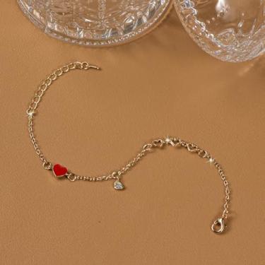 Imagem de Pulseira de coração vermelho com pingente de strass moderna corrente fina pulseira de elos charmosos joias delicadas para mãe e namorada, One Size, Metal, Sem Pedra Preciosa