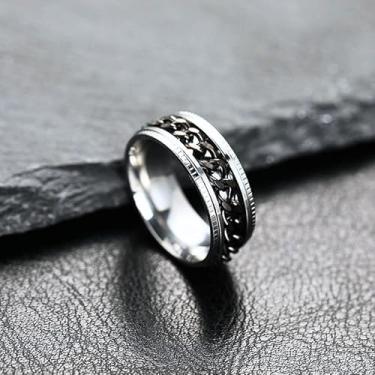 Imagem de Anel masculino de aço inoxidável - Fidget Spinner alívio da ansiedade - Corrente de aço inoxidável 360° - Aliança de casamento de aço 316L - Ajuste confortável, 10, Aço inoxidável, Sem pedra preciosa