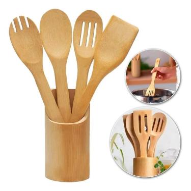 Imagem de 2X Conjunto Talheres Bambu 5 Peças Pau Colher Garfo Espátula