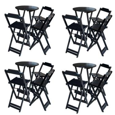 Imagem de Kit 4 Conjuntos De Mesa Bistrô Dobravel Em Madeira Maciça Com 3 Banquetas Altas - Preto - Preto