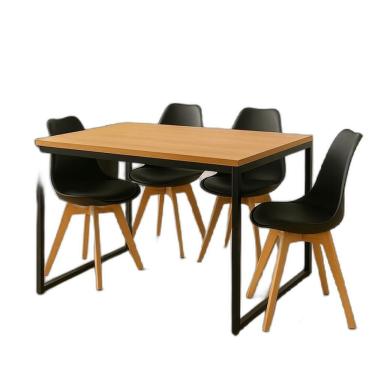 Imagem de Conjunto Mesa De Jantar Industrial 120cm Tampo Amadeirado Com 4 Cadeiras Pretas Pés De Madeira
