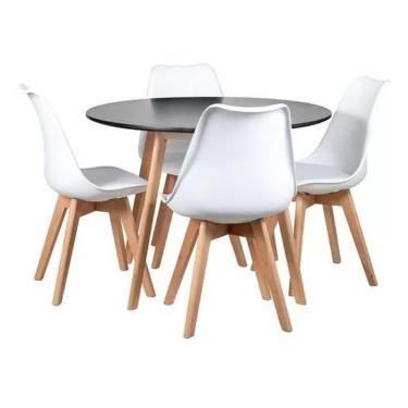Imagem de Kit - Mesa Redonda Leda 80 Cm Preto + 4 Cadeiras Estofadas Leda Branco