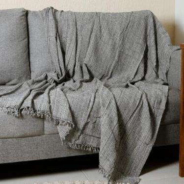 Imagem de Manta para Sofá King 300cm x 180cm – Decoração de Sala Protetora e Decorativa em 100% Algodão com Franjas (Cinza Mesclado (3,00M x 1,80M))