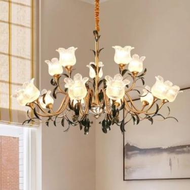 Imagem de Lustre Americano Pastoral com Criatividade Francesa e Flores para Sala de Estar, Sala de Jantar, Quarto, Escritório, Casa de Campo ou Escada - Luminária Pendente LED (Soquete E15)