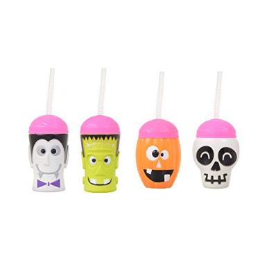 Imagem de Copos de plástico de Halloween com canudos - Abóbora - Esqueleto - Drácula Vampiro - Frankenstein - Conjunto de 118-473 ml