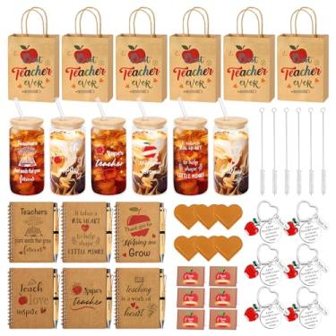Imagem de Conjunto de 54 peças/6 presentes de agradecimento de professores de Natal, presente de agradecimento inspirador a granel com copos de vidro de 473 ml, cadernos, caneta, marcador de livro, chaveiro