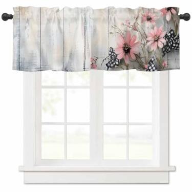 Imagem de Cortina de saia de janela, flores rosa de primavera, cortina curta de sombra de madeira clara para cozinha, banheiro, sala de estar, quarto, privacidade, varão com bolso drapeado 137 cm L x 45 cm C 1