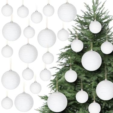 Imagem de 24 peças de enfeites de bola de Natal brancos decoração boho corda de juta de fazenda bolas penduradas de serapilheira ornamentos rústicos neutros para decoração de lareira de árvore de Natal
