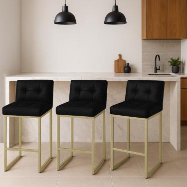 Imagem de Banqueta Cozinha Alta com Encosto Industrial Kit 3 Champanhe Lirina PU Preto C05 - D'Rossi