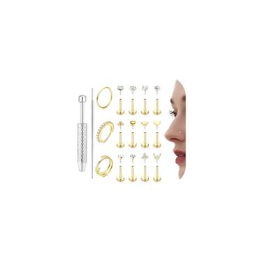 Imagem de THUNARAZ Anéis de nariz preenchidos com ouro 14 K para mulheres 316L aço cirúrgico 316L brincos de pressão nas costas planas hipoalergênicos argolas cartilagem tragus concha hélice piercing joias ouro