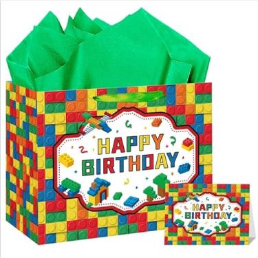 Imagem de Hooqict Bolsa grande para presente de aniversário com alças, papel de seda, cartão de felicitações para crianças, meninos, meninas, tijolos de construção, decoração de festa