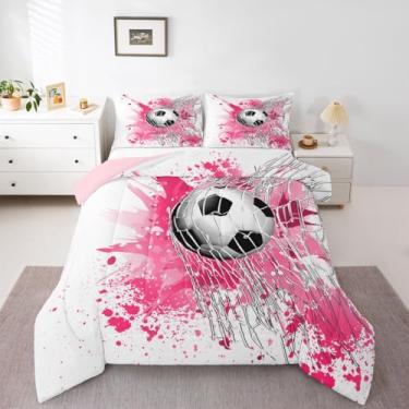 Imagem de Erosebridal Jogo de cama solteiro com estampa de futebol, preto e branco, para meninas, meninos, crianças, adolescentes, bola, esportes, jogos, rosa, pinceladas, pingos de tinta