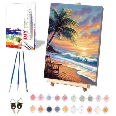 Imagem de Pintura de praia por números para adultos com tela emoldurada - com cavalete de madeira, pintura de paisagem por número em tela, kits de pintura a óleo acrílica do pôr do sol DIY com pincéis para
