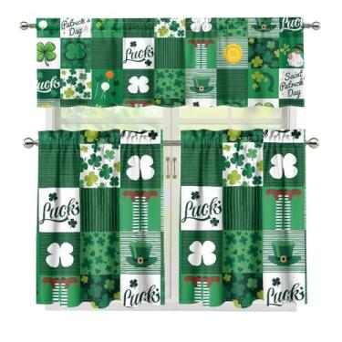 Imagem de Cozeyat Cortinas de janela do Dia de São Patrício para cozinha, conjunto de cortinas de janela e saia de 90 cm, cortinas modernas de folhas verdes com bolso para varão, camada curta para banheiro