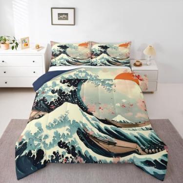 Imagem de jejeloiu Conjunto de edredom infantil de onda japonesa, tamanho Queen, com tema Ukiyoe, estampa Hokusai, para decoração de quarto de crianças, meninos, meninas, microfibra, ultramacia, respirável