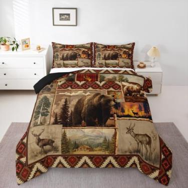 Imagem de jejeloiu Conjunto de edredom vintage rústico com urso, casa de fazenda, para todas as estações, com 2 fronhas, microfibra do sudoeste, roupa de cama queen, edredom respirável, macio e leve