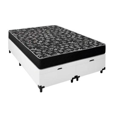 Imagem de Cama Box Baú Queen 158 Tecido Sintético Branco Com Colchão Espuma D20 - Tampo Preto Bello Box 12cm