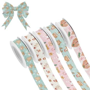 Imagem de SEHANY 5 rolos de fita de Natal 0,59 polegadas 5 jardas fitas de tecido de gengibre de Natal fitas de cetim festivas fitas decorativas de Natal para embrulho de presente faça você mesmo artesanato