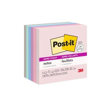 Imagem de Post-it Notas recicladas super adesivas, 7,6 x 7,6 cm, 6 blocos, 2x The Sticking Power, coleção Bali, cores pastel (lavanda, damasco, azul, rosa, menta), 30% papel reciclado (654-6SSNRP)