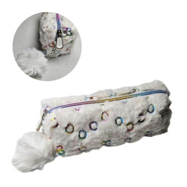 Imagem de Estojo Escolar Pelúcia Branco Glitter Flor Zíper Pompom Fofo Kawaii Organizador Maquiagem Delicado