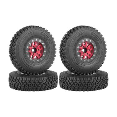 Imagem de WONFAST 4PCS 1.55 Inch Aluminum Alloy Metal 5Spoke Beadlock Wheel Rim and 90mm Rubber Tires for 1/10 RC Rock Crawler Car for Axial AX90069 D90 TF2 CC01 Tamiya Upgrade Parts (Red Black)