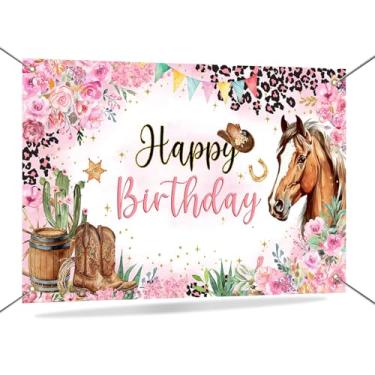 Imagem de Mocsicka Faixa de fundo de aniversário de cavalo vaqueira ocidental decorações de aniversário para meninas rosa vaqueira tema rodeio faixa de festa fundo adereços de cabine de fotos 179,8 x 110 cm