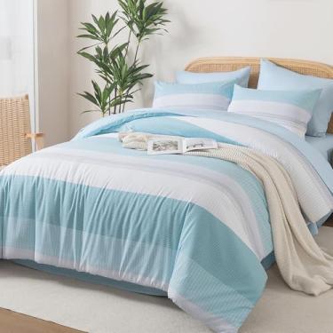 Imagem de Andency Conjunto de edredom California King azul claro - 7 peças, listrado, leve, em uma bolsa, microfibra macia, reversível, com edredom, lençol de cima, fronhas e fronhas