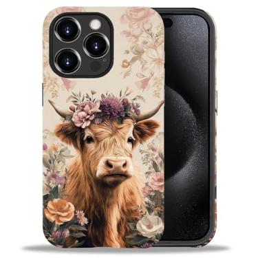 Imagem de CARLOCA Capa fosca de corpo inteiro compatível com iPhone 15 Pro Max para meninas e meninos, capa rígida à prova de choque para iPhone 15 Pro Max, estampa de flores, folhas de flores, coroa, vaca das