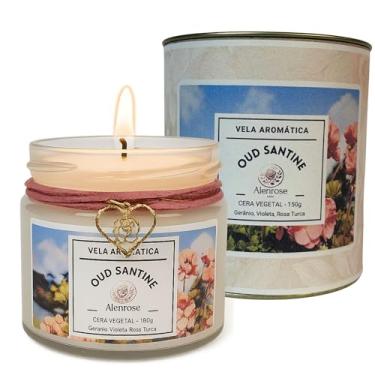 Imagem de Vela Aromática Oud Santine Alenrose – Gerânio, Violeta, Rosa Turca - Cera de Coco 100% Vegetal, 150g, 30h de Queima, Pote de Vidro com Lata Luxo Colecionável