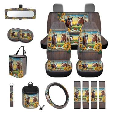 Imagem de Wanyint Conjunto de acessórios para carro, girassol de grão de madeira, cavalo, 15, conjunto de acessórios para carro, capa universal para retrovisor, cinto de segurança, alça de cinto, suporte de