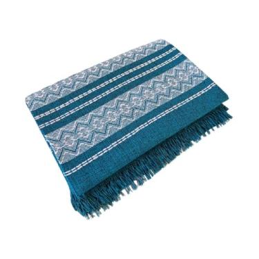 Imagem de Manta Para Sofá Grande Algodão com Franjas Decorativas – Cobertura Elegante para Sofá de 2 a 3 Lugares Manta Capa Luxuosa para Sala e Cama (MODELO-16-AZUL-BORDADO)