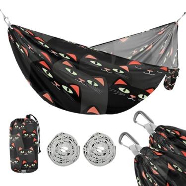 Imagem de JUZIHAI Rede de acampamento para gatos pretos, rede individual leve portátil com alças de árvore e mosquetões de alumínio, rede de viagem de 289 x 137 cm para caminhadas, mochilão na praia