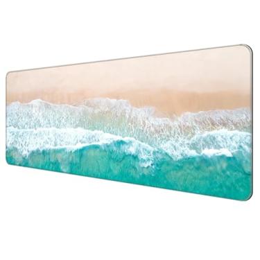 Imagem de Dynippy Tapete de mouse fino para jogos estendido (80 x 30 x 0,2 cm) com bordas costuradas, tapete de mouse e teclado 2GG, tapete de mesa para jogos, escritório e casa - Praia de areia azul