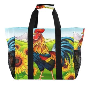 Imagem de ODAWA Bolsa de praia de lona durável com estampa de galo e girassol para o verão e uso diário, leve e resistente à água, Girassol de galo de desenho animado, One Size